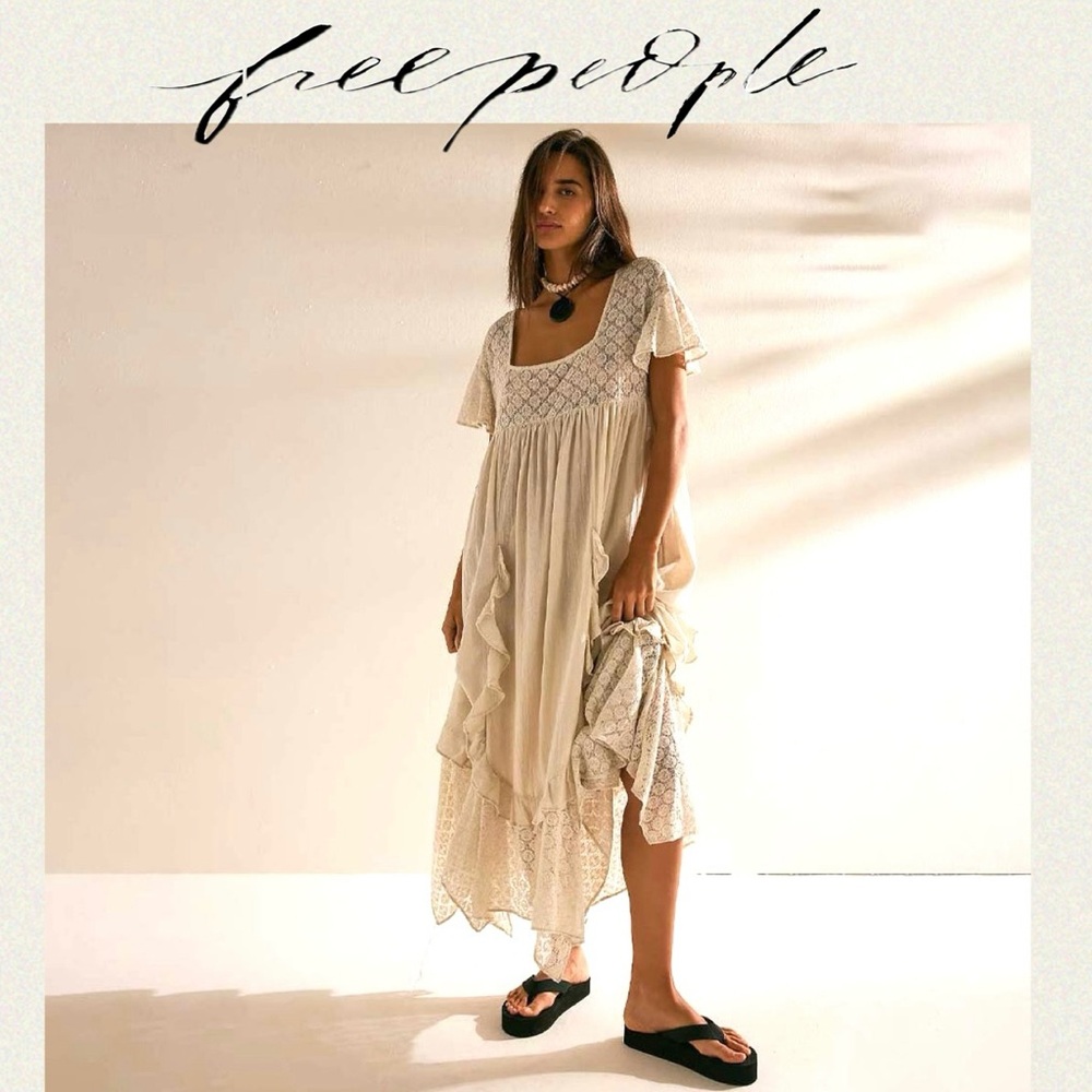 Free People Bring the Romance Cream Handkerchief Maxi Dress in cream, Size Small